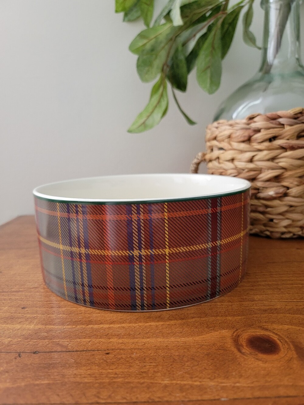 Pottery Barn Woodrow Plaid Large Pet Stoneware Dog Dish Food Or Water Bowl